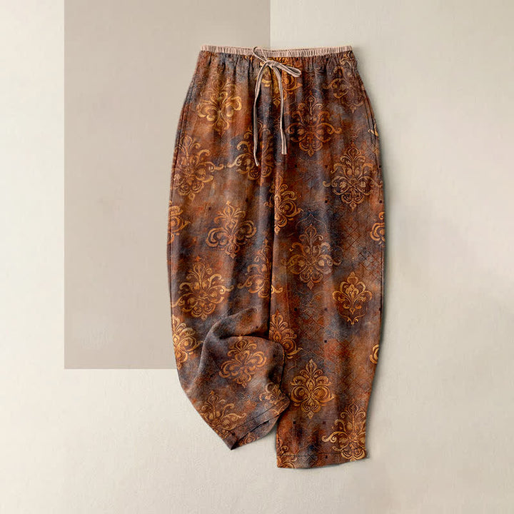 Buddha Stones Pantalones de mujer con estampado damasco vintage, cintura elástica y bolsillos. - Tierra de siena - US16，UK/AU20，EU48 (3XL) - image 5