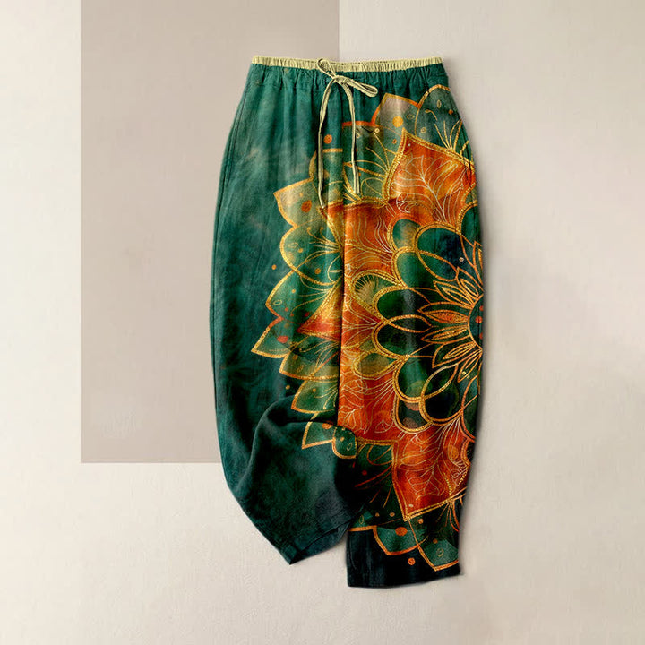 Buddha Stones Pantalones de mujer de algodón puro con estampado de mandala dorado y cintura elástica con bolsillos. - Verdemar - US16，UK/AU20，EU48 (3XL) - image 0