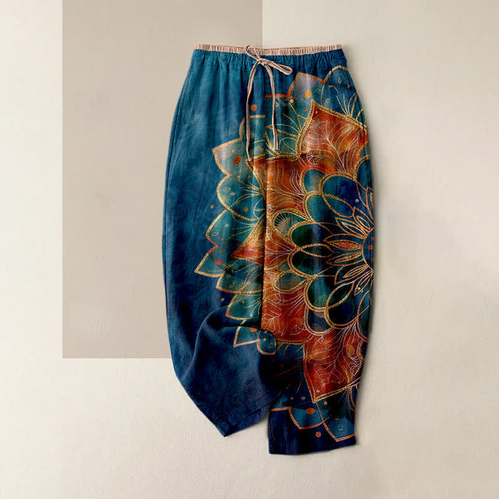 Buddha Stones Pantalones de mujer de algodón puro con estampado de mandala dorado y cintura elástica con bolsillos. - Marina de guerra - US16，UK/AU20，EU48 (3XL) - image 6