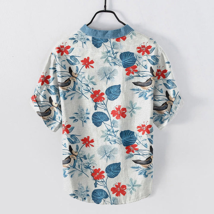 Buddha Stones Camisa de manga corta con medio botón para hombre, de algodón, con estampado floral tropical de pájaros. - image 1