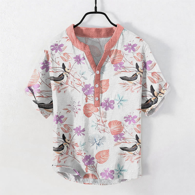 Buddha Stones Camisa de manga corta con medio botón para hombre, de algodón, con estampado floral tropical de pájaros. - Rosa Misty - US/UK/AU50, EU60 (5XL) - image 5