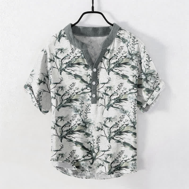 Buddha Stones Camisa de manga corta con medio botón y estampado de ramitas de lavanda para hombre, de algodón puro. - Gris claro - US/UK/AU50, EU60 (5XL) - image 0