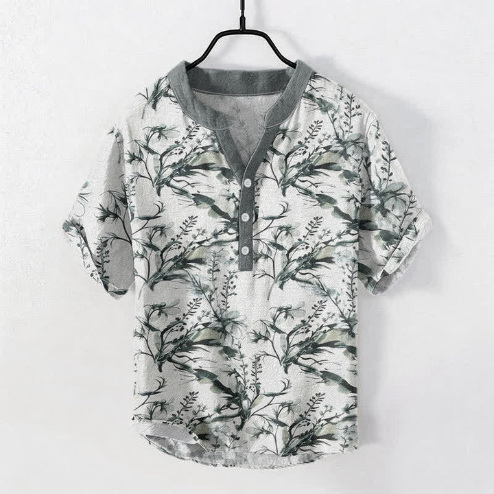Buddha Stones Camisa de manga corta con medio botón y estampado de ramitas de lavanda para hombre, de algodón puro. - Gris claro - US/UK/AU50, EU60 (5XL) - image 0