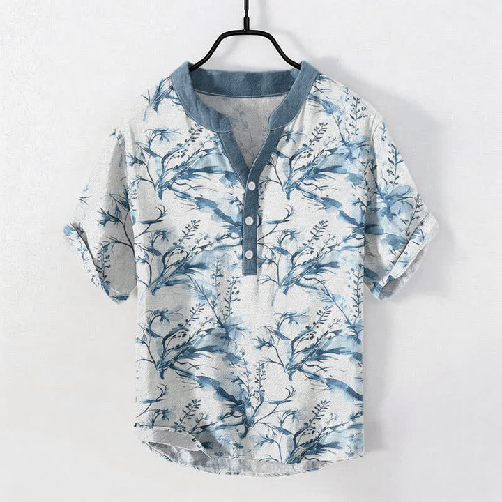 Buddha Stones Camisa de manga corta con medio botón y estampado de ramitas de lavanda para hombre, de algodón puro. - image 5