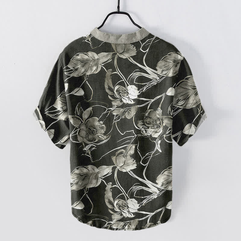 Buddha Stones Camisa de manga corta con medio botón y estampado floral botánico de algodón para hombre - image 1