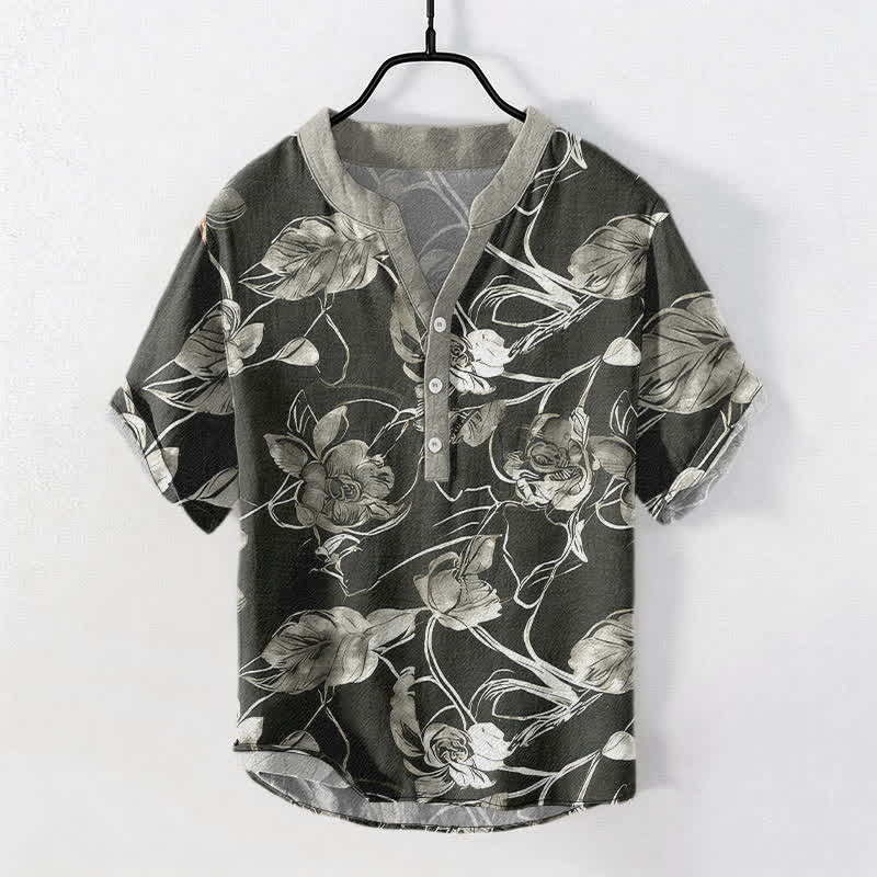 Buddha Stones Camisa de manga corta con medio botón y estampado floral botánico de algodón para hombre - Negro - US/UK/AU50, EU60 (5XL) - image 0