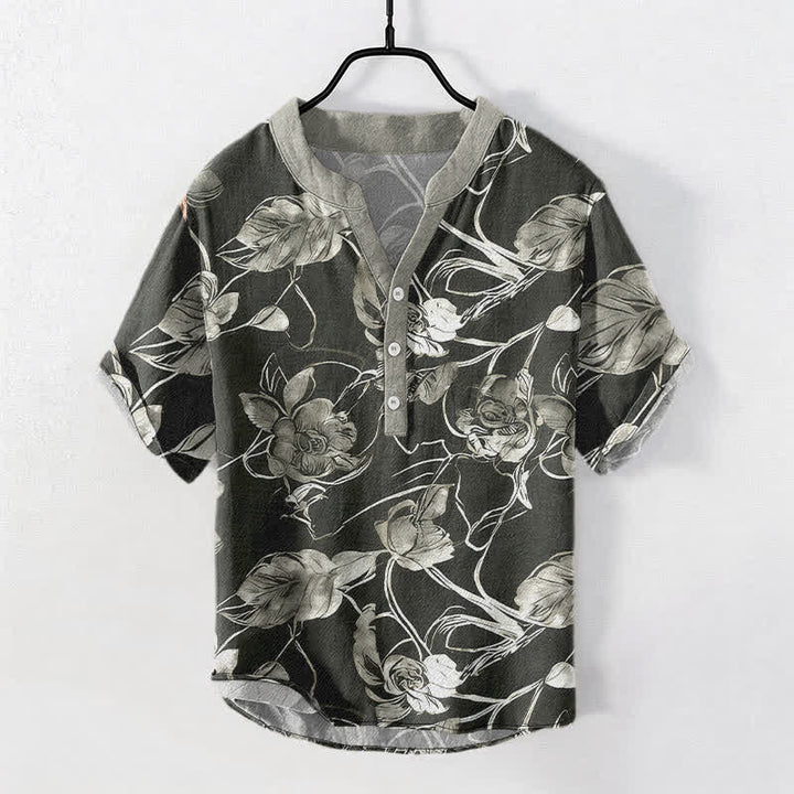 Buddha Stones Camisa de manga corta con medio botón y estampado floral botánico de algodón para hombre - Negro - US/UK/AU50, EU60 (5XL) - image 0