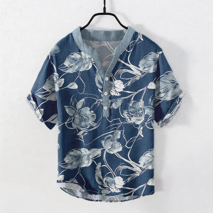 Buddha Stones Camisa de manga corta con medio botón y estampado floral botánico de algodón para hombre - Azul acero - US/UK/AU50, EU60 (5XL) - image 5