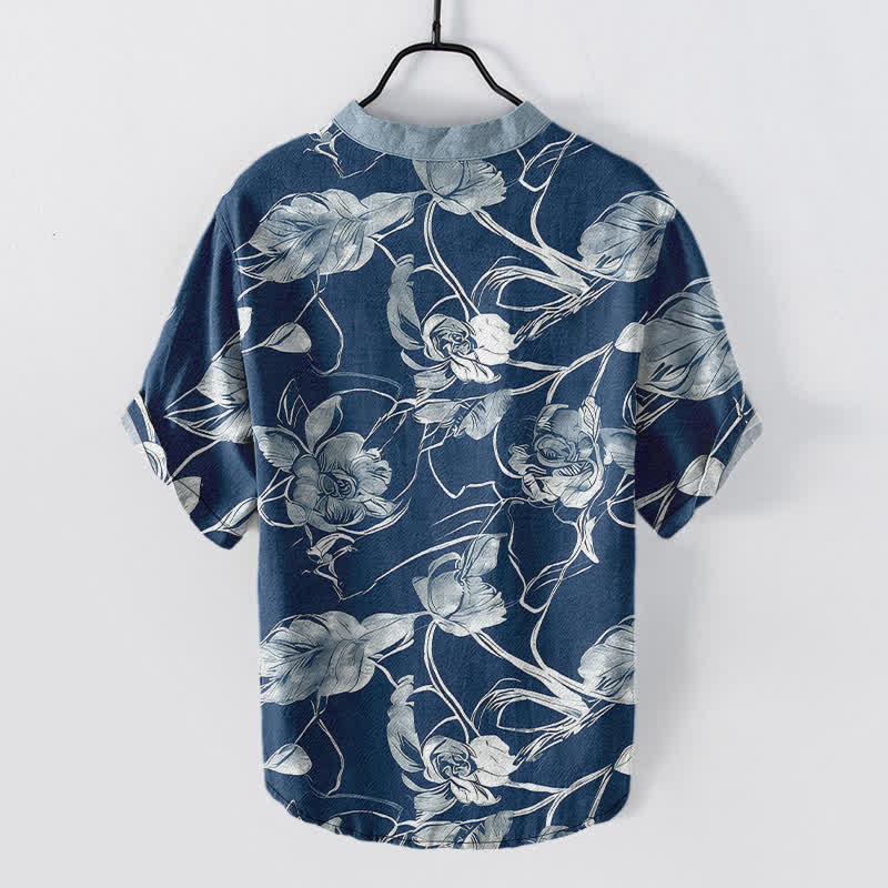 Buddha Stones Camisa de manga corta con medio botón y estampado floral botánico de algodón para hombre - image 6