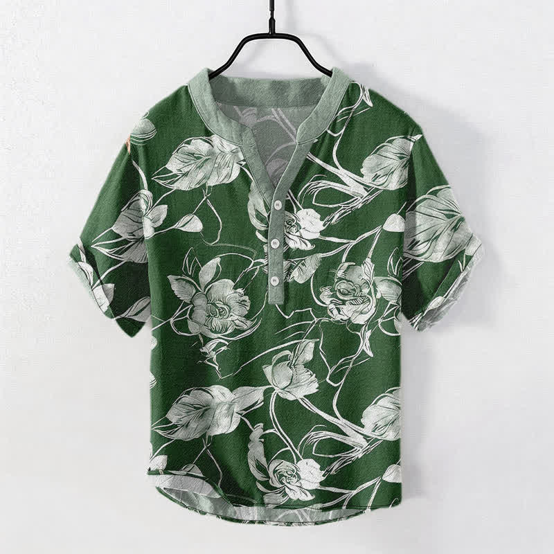 Buddha Stones Camisa de manga corta con medio botón y estampado floral botánico de algodón para hombre - Verde bosque - US/UK/AU50, EU60 (5XL) - image 7