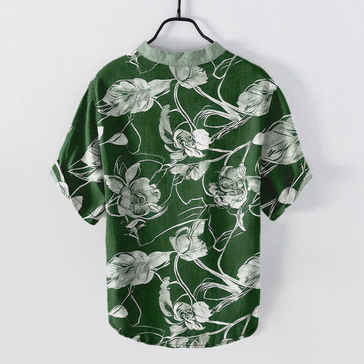 Buddha Stones Camisa de manga corta con medio botón y estampado floral botánico de algodón para hombre - image 8