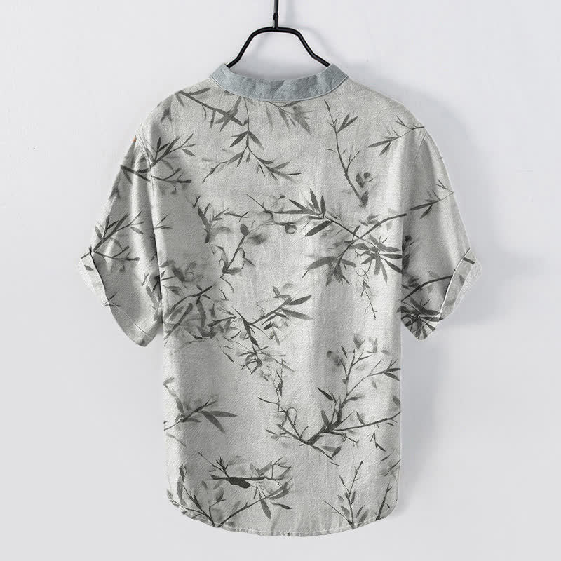 Buddha Stones Camisa de manga corta con medio botón para hombre, de algodón con estampado de tinta de bambú. - image 1