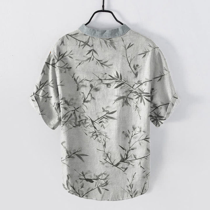 Buddha Stones Camisa de manga corta con medio botón para hombre, de algodón con estampado de tinta de bambú. - image 1