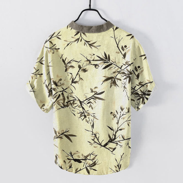 Buddha Stones Camisa de manga corta con medio botón para hombre, de algodón con estampado de tinta de bambú. - image 4