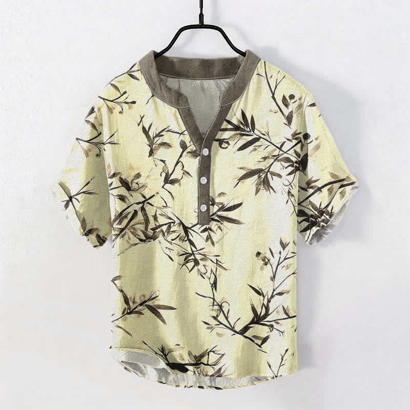 Buddha Stones Camisa de manga corta con medio botón para hombre, de algodón con estampado de tinta de bambú. - Amarillo claro - US/UK/AU50, EU60 (5XL) - image 3