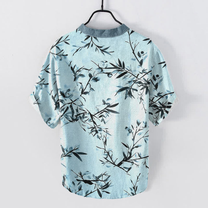 Buddha Stones Camisa de manga corta con medio botón para hombre, de algodón con estampado de tinta de bambú. - image 6