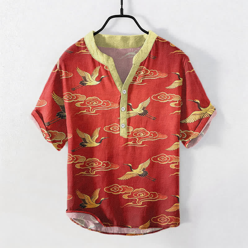 Buddha Stones Camisa de manga corta con medio botón para hombre, con estampado de grulla dorada y nubes auspiciosas, de algodón. - Carmesí - US/UK/AU50, EU60 (5XL) - image 5