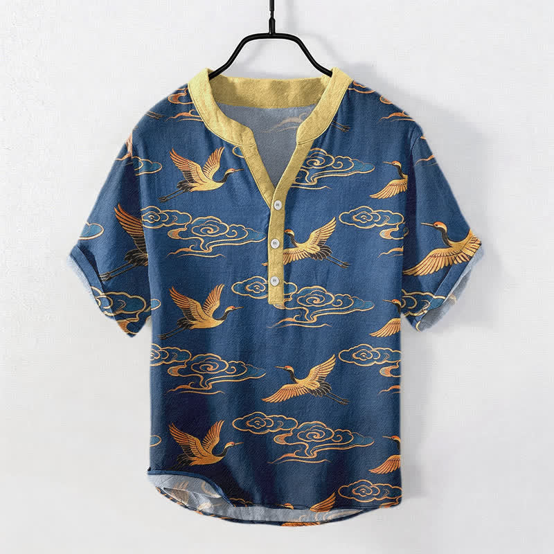 Buddha Stones Camisa de manga corta con medio botón para hombre, con estampado de grulla dorada y nubes auspiciosas, de algodón. - Azul acero - US/UK/AU50, EU60 (5XL) - image 7