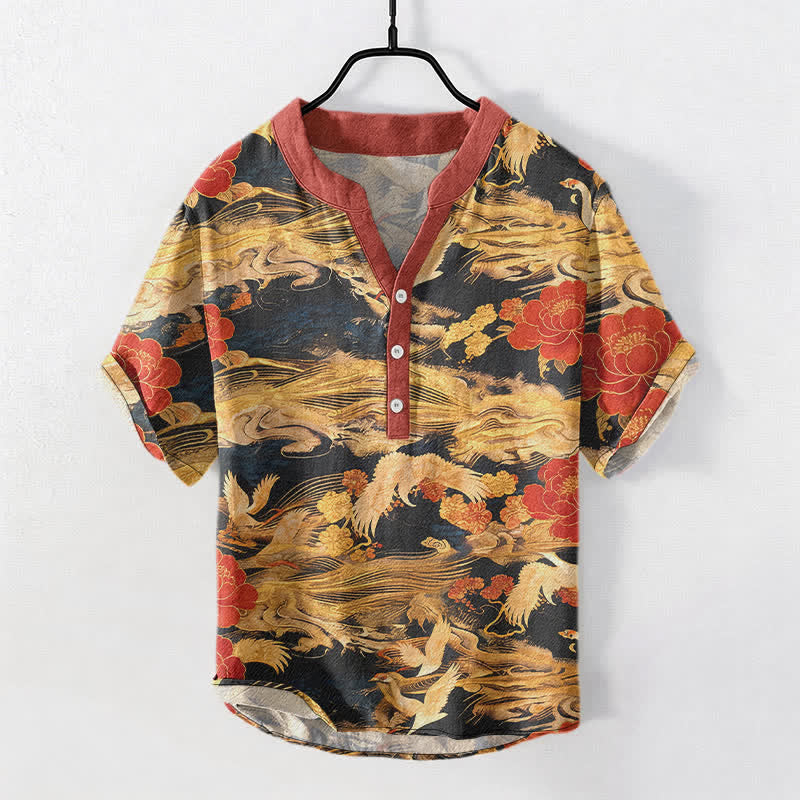 Buddha Stones Camisa de manga corta con medio botón para hombre, de algodón, color blanco vintage, con estampado de grullas y peonías. - Negro - US/UK/AU50, EU60 (5XL) - image 0
