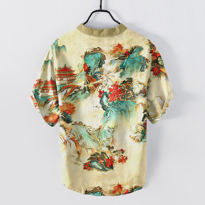 Buddha Stones Camisa de manga corta con medio botón para hombre, de algodón, con estampado de paisaje oriental de pagodas y montañas. - image 1