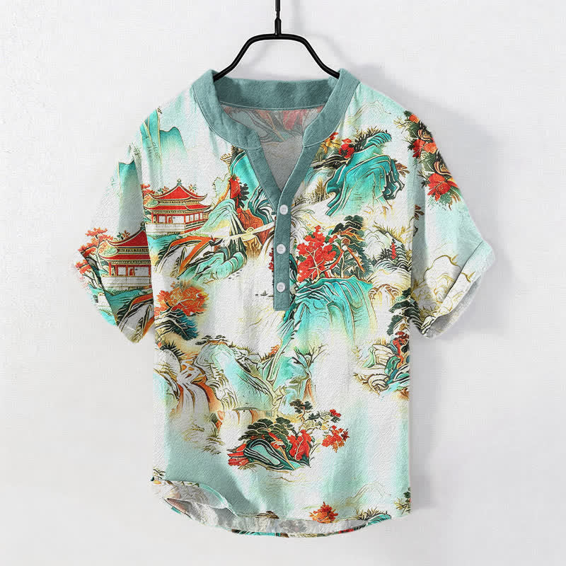 Buddha Stones Camisa de manga corta con medio botón para hombre, de algodón, con estampado de paisaje oriental de pagodas y montañas. - Turquesa pálido - US/UK/AU50, EU60 (5XL) - image 3