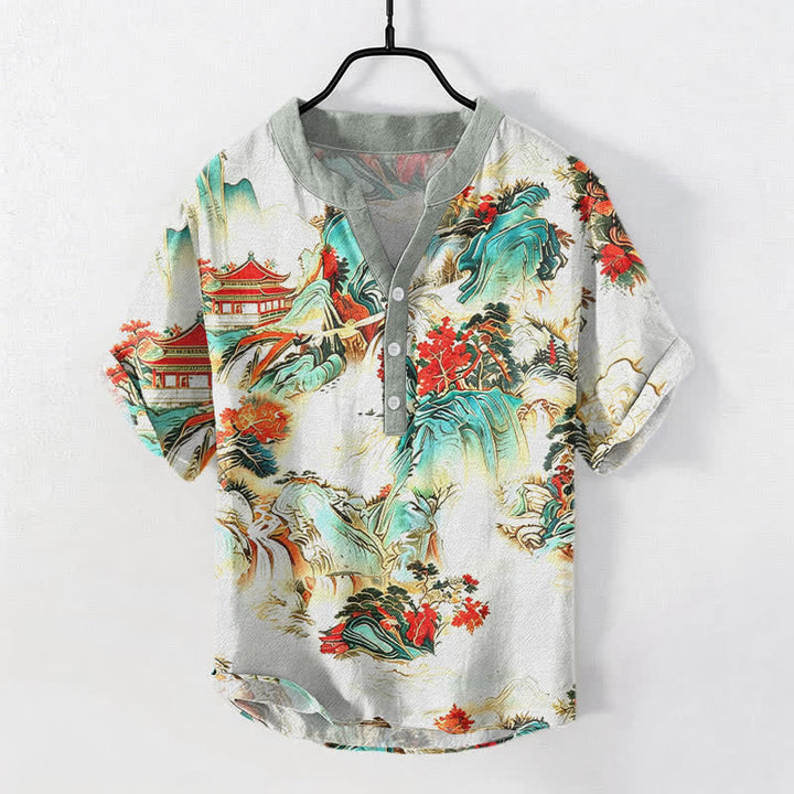 Buddha Stones Camisa de manga corta con medio botón para hombre, de algodón, con estampado de paisaje oriental de pagodas y montañas. - Marfil - US/UK/AU50, EU60 (5XL) - image 5