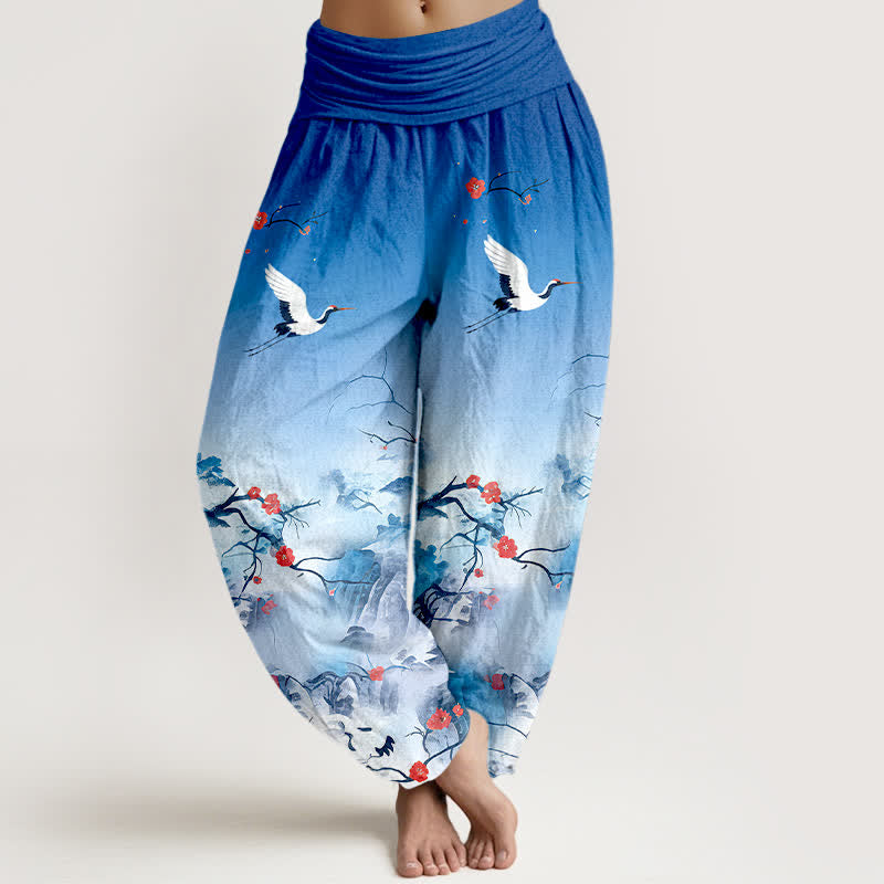 Buddha Stones Pantalones harem de mujer de algodón puro con estampado de grullas y flores en degradado azul. - Celeste - US16，UK/AU20，EU48 (3XL) - image 0
