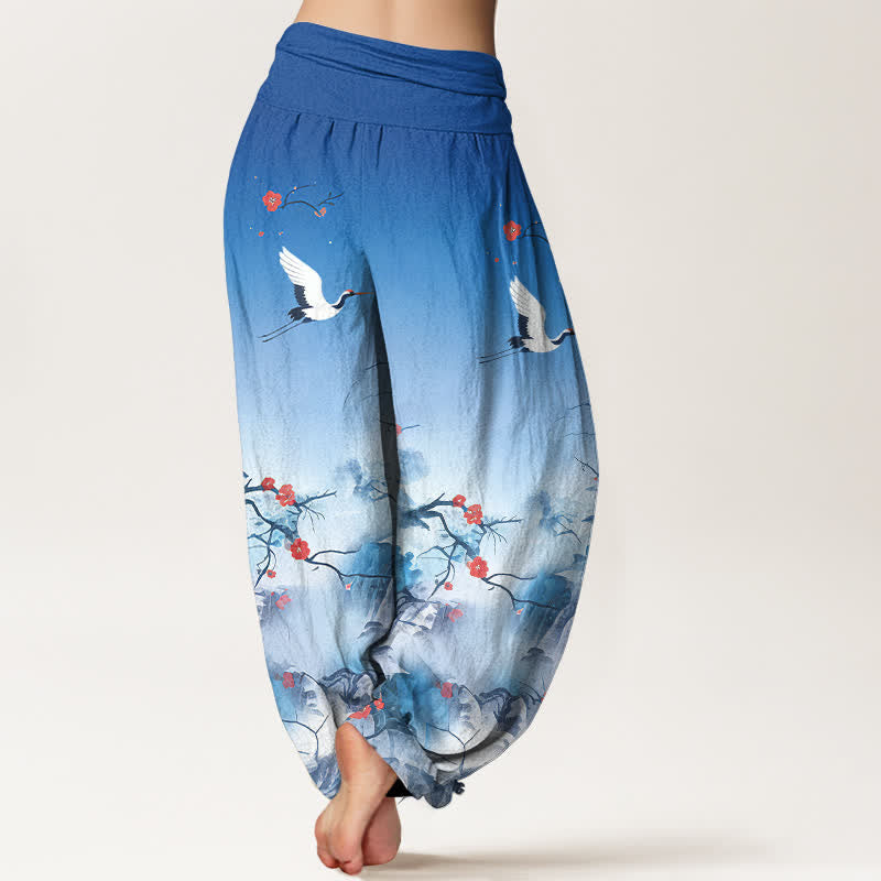 Buddha Stones Pantalones harem de mujer de algodón puro con estampado de grullas y flores en degradado azul. - image 1