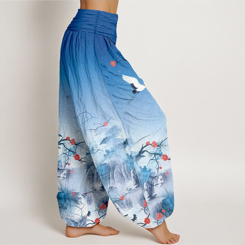 Buddha Stones Pantalones harem de mujer de algodón puro con estampado de grullas y flores en degradado azul. - image 2