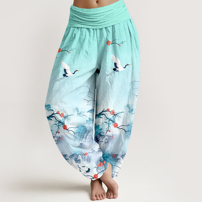 Buddha Stones Pantalones harem de mujer de algodón puro con estampado de grullas y flores en degradado azul. - Turquesa - US16，UK/AU20，EU48 (3XL) - image 5