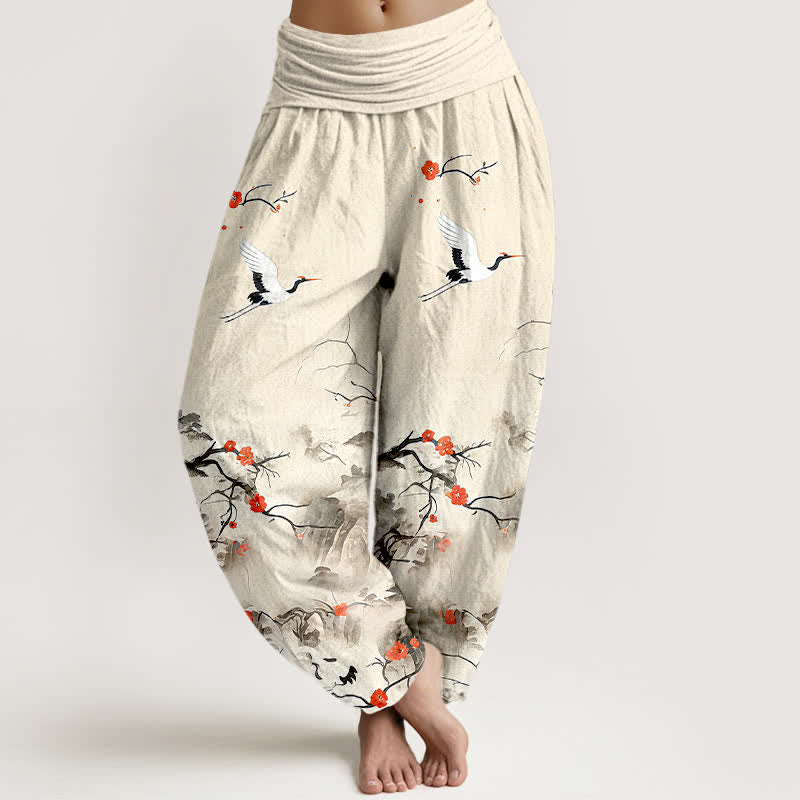 Buddha Stones Pantalones harem de mujer de algodón puro con estampado de grullas y flores en degradado azul. - Lino - US16，UK/AU20，EU48 (3XL) - image 8