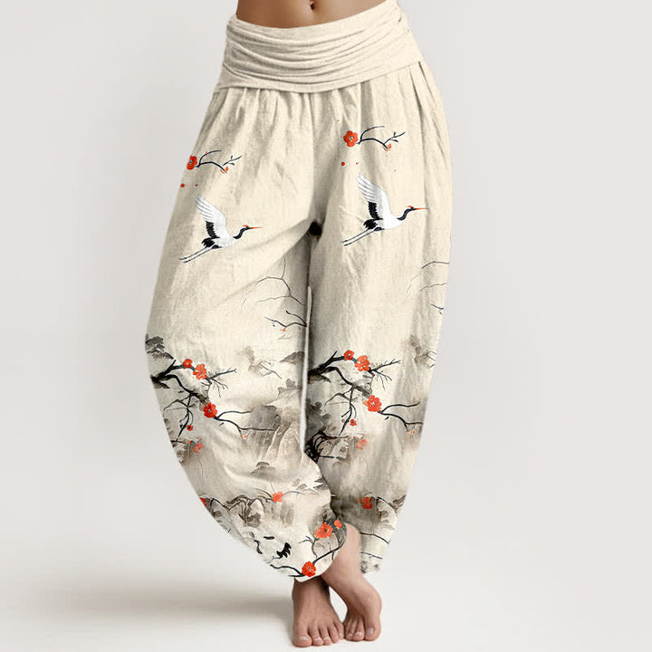 Buddha Stones Pantalones harem de mujer de algodón puro con estampado de grullas y flores en degradado azul. - Lino - US16，UK/AU20，EU48 (3XL) - image 8