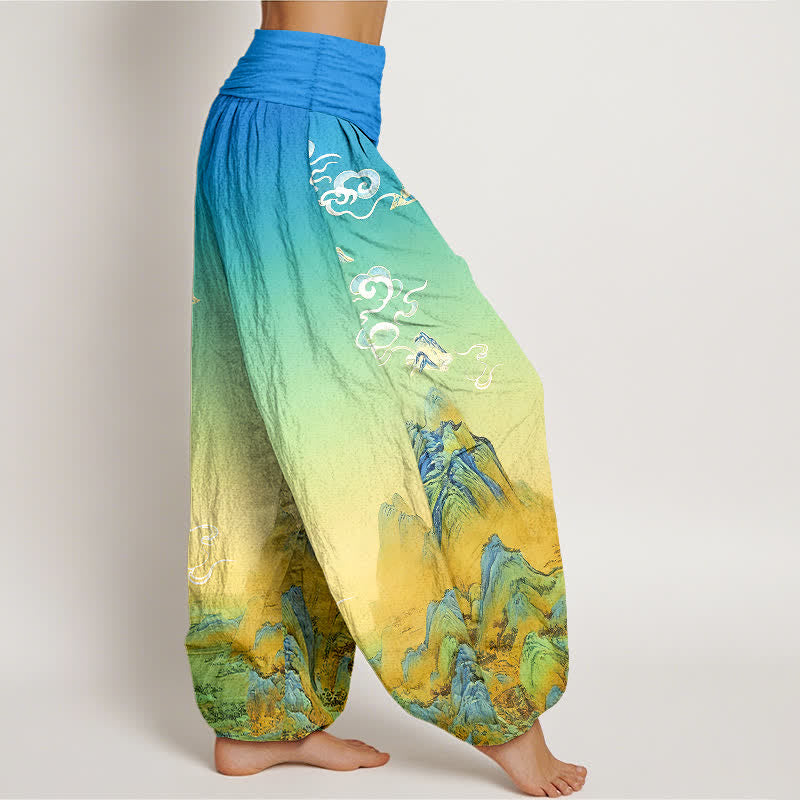Buddha Stones Pantalones harem de mujer con cintura elástica y estampado degradado de montaña, de algodón puro con efecto lavado a la tinta. - image 2