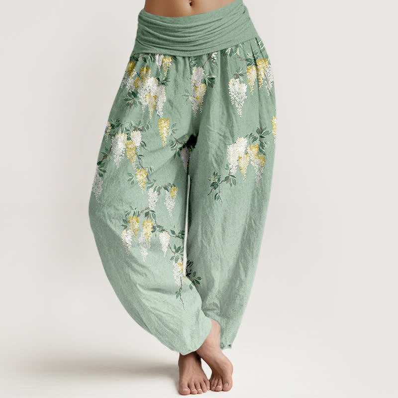 Buddha Stones Pantalones harem de mujer de algodón puro con estampado de flores blancas y amarillas y cintura elástica. - Verde claro - US16，UK/AU20，EU48 (3XL) - image 0