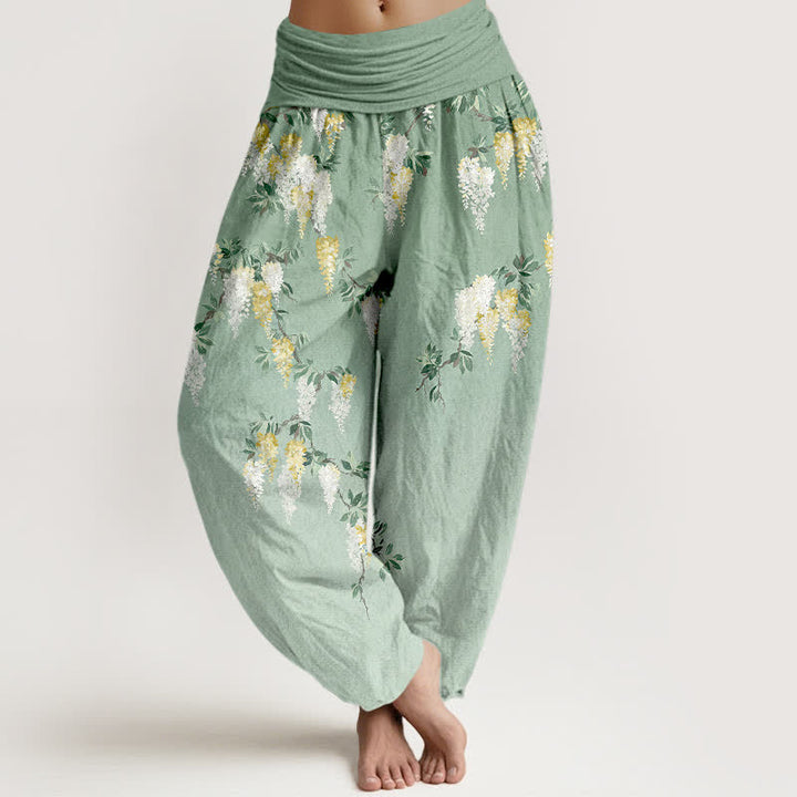 Buddha Stones Pantalones harem de mujer de algodón puro con estampado de flores blancas y amarillas y cintura elástica. - Verde claro - US16，UK/AU20，EU48 (3XL) - image 0