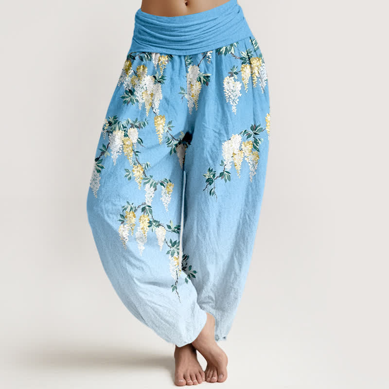 Buddha Stones Pantalones harem de mujer de algodón puro con estampado de flores blancas y amarillas y cintura elástica. - Azul claro - US16，UK/AU20，EU48 (3XL) - image 8