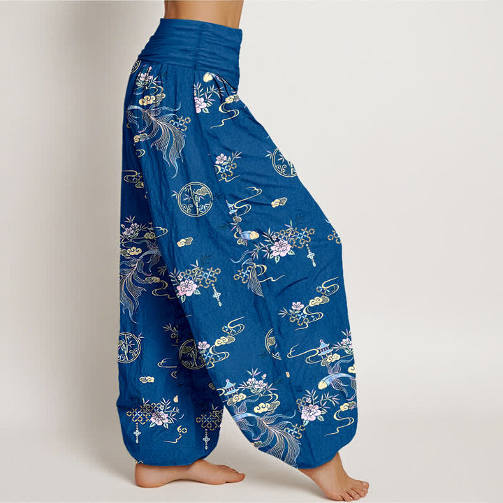 Buddha Stones Pantalones harem de algodón puro con estampado floral oriental y cintura elástica para mujer. - image 2