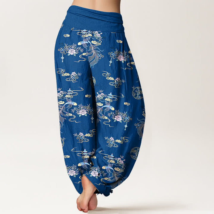 Buddha Stones Pantalones harem de algodón puro con estampado floral oriental y cintura elástica para mujer. - image 1