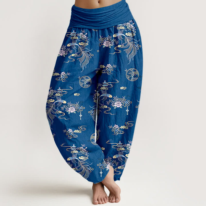 Buddha Stones Pantalones harem de algodón puro con estampado floral oriental y cintura elástica para mujer. - Azul real - US16，UK/AU20，EU48 (3XL) - image 0