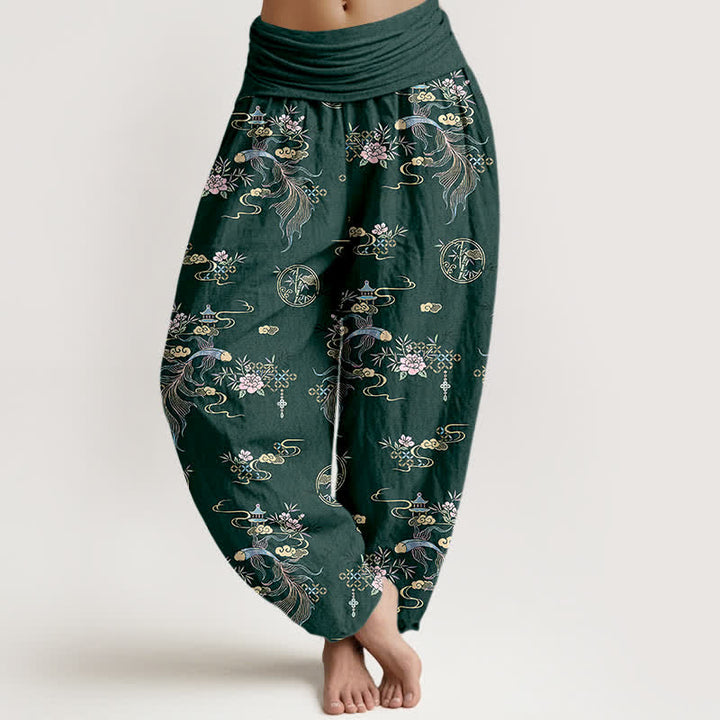 Buddha Stones Pantalones harem de algodón puro con estampado floral oriental y cintura elástica para mujer. - Verde oscuro - US16，UK/AU20，EU48 (3XL) - image 5