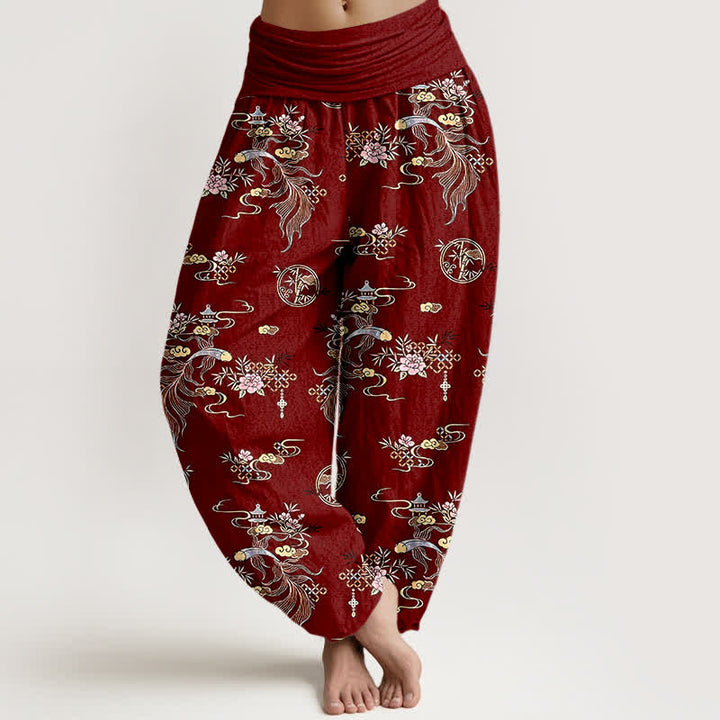 Buddha Stones Pantalones harem de algodón puro con estampado floral oriental y cintura elástica para mujer. - Granate - US16，UK/AU20，EU48 (3XL) - image 8