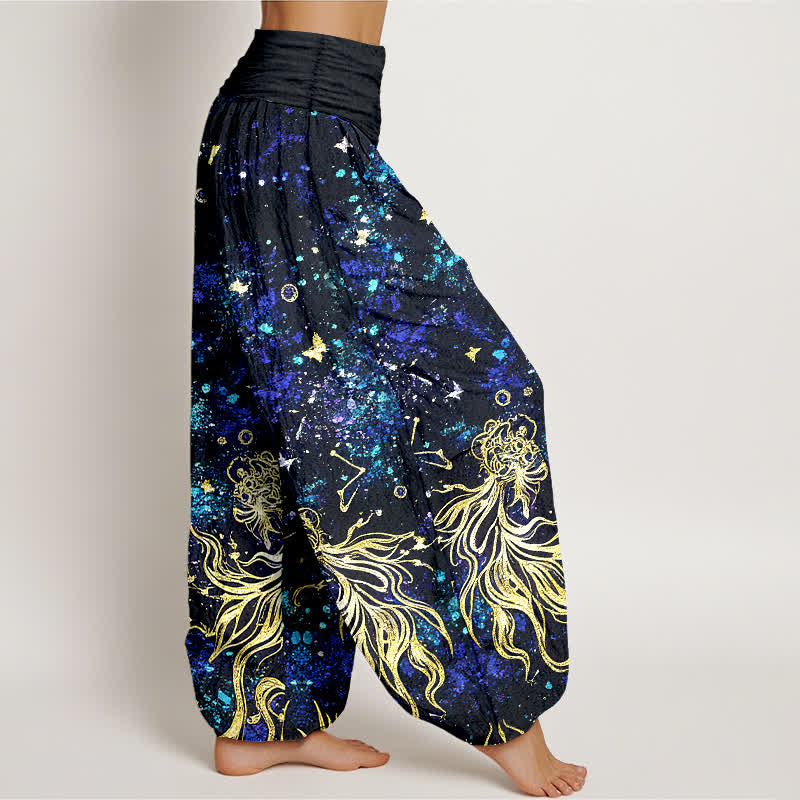 Buddha Stones Pantalones harem de mujer con cintura elástica y estampado de mariposas y galaxia celestial, de algodón puro. - image 2