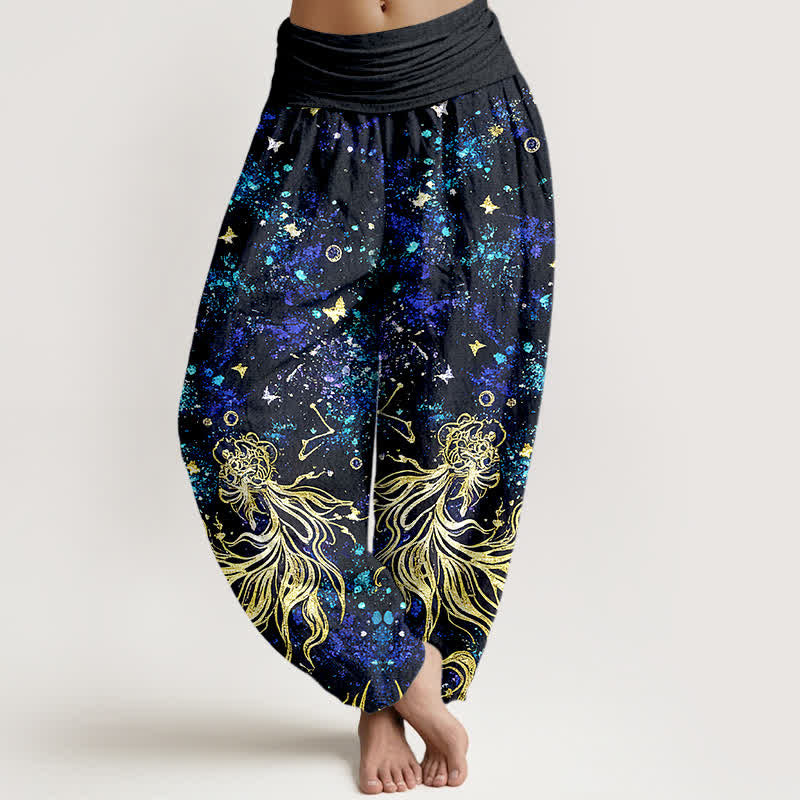 Buddha Stones Pantalones harem de mujer con cintura elástica y estampado de mariposas y galaxia celestial, de algodón puro. - Marina de guerra - US16，UK/AU20，EU48 (3XL) - image 0