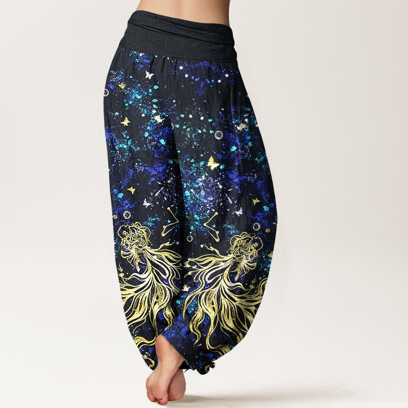 Buddha Stones Pantalones harem de mujer con cintura elástica y estampado de mariposas y galaxia celestial, de algodón puro. - image 1