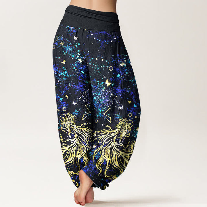 Buddha Stones Pantalones harem de mujer con cintura elástica y estampado de mariposas y galaxia celestial, de algodón puro. - image 1