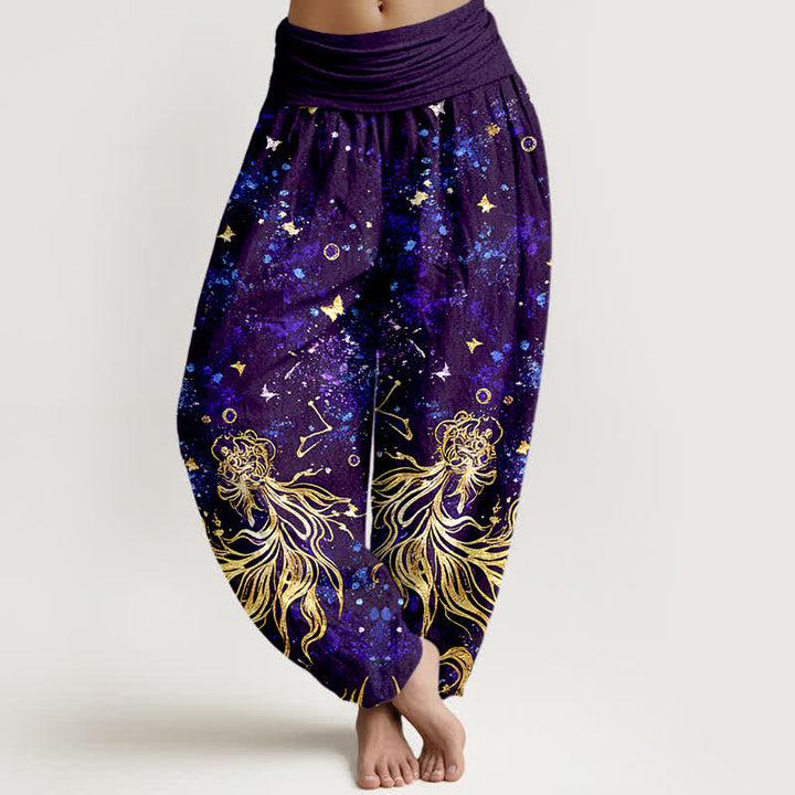 Buddha Stones Pantalones harem de mujer con cintura elástica y estampado de mariposas y galaxia celestial, de algodón puro. - Violeta oscuro - US16，UK/AU20，EU48 (3XL) - image 8
