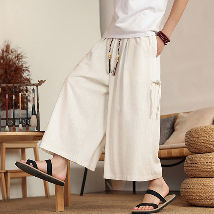 Buddha Stones Pantalones de verano lisos para hombre, de pierna ancha con cintura elástica y bolsillos. - image 3