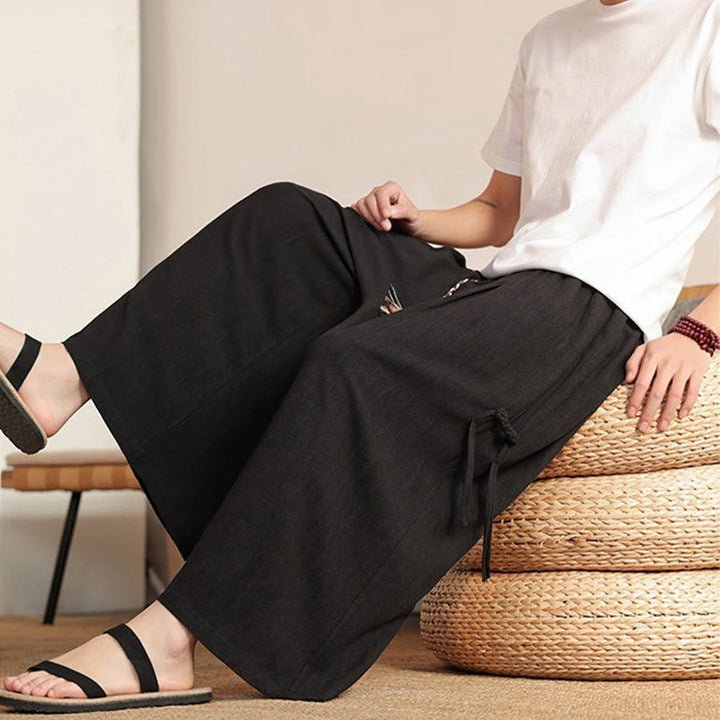 Buddha Stones Pantalones de verano lisos para hombre, de pierna ancha con cintura elástica y bolsillos. - image 17