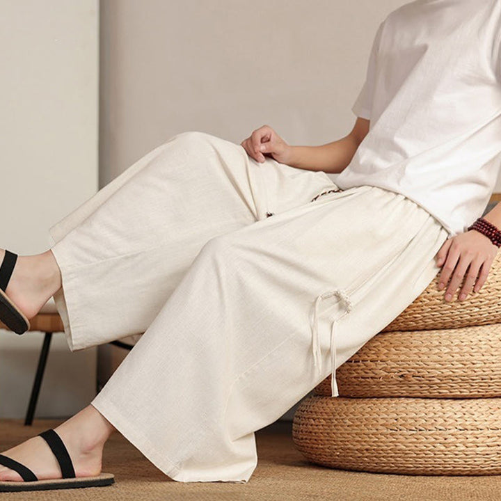 Buddha Stones Pantalones de verano lisos para hombre, de pierna ancha con cintura elástica y bolsillos. - image 8