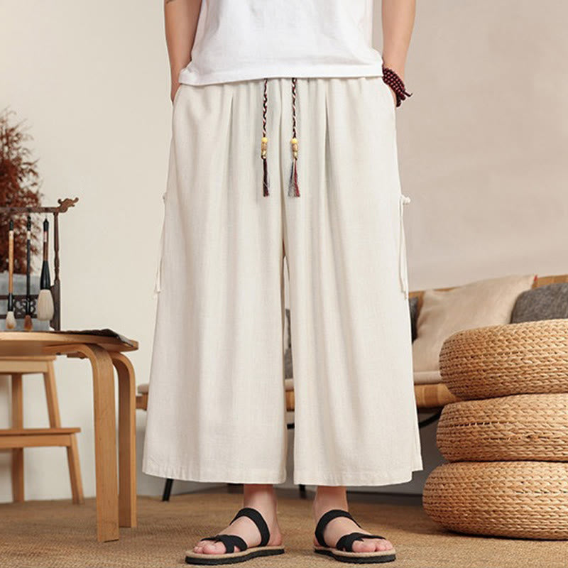 Buddha Stones Pantalones de verano lisos para hombre, de pierna ancha con cintura elástica y bolsillos. - image 5